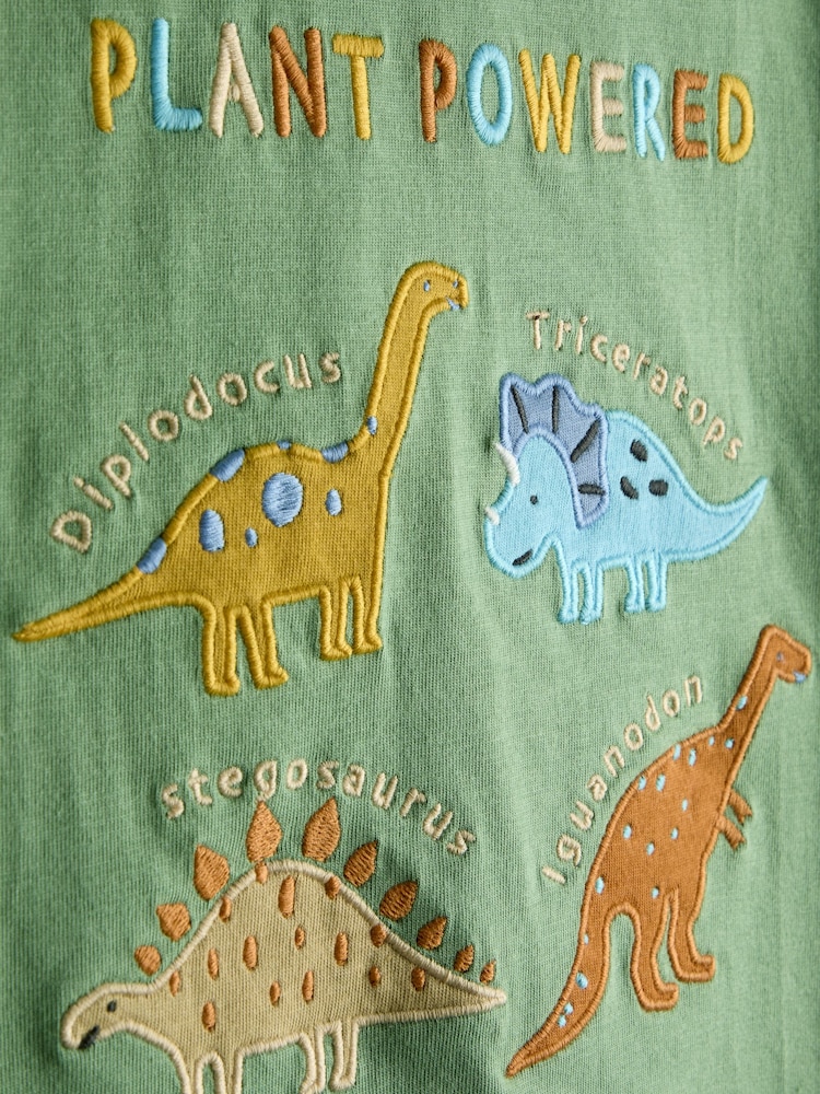 JoJo Maman Bébé Khaki Green Dino Plant Powered Applique T-Shirt - Image 3 of 3 JoJo Maman Bébé Khaki Green Dino Plant Powered Applique T-Shirt - Image 3 of 3