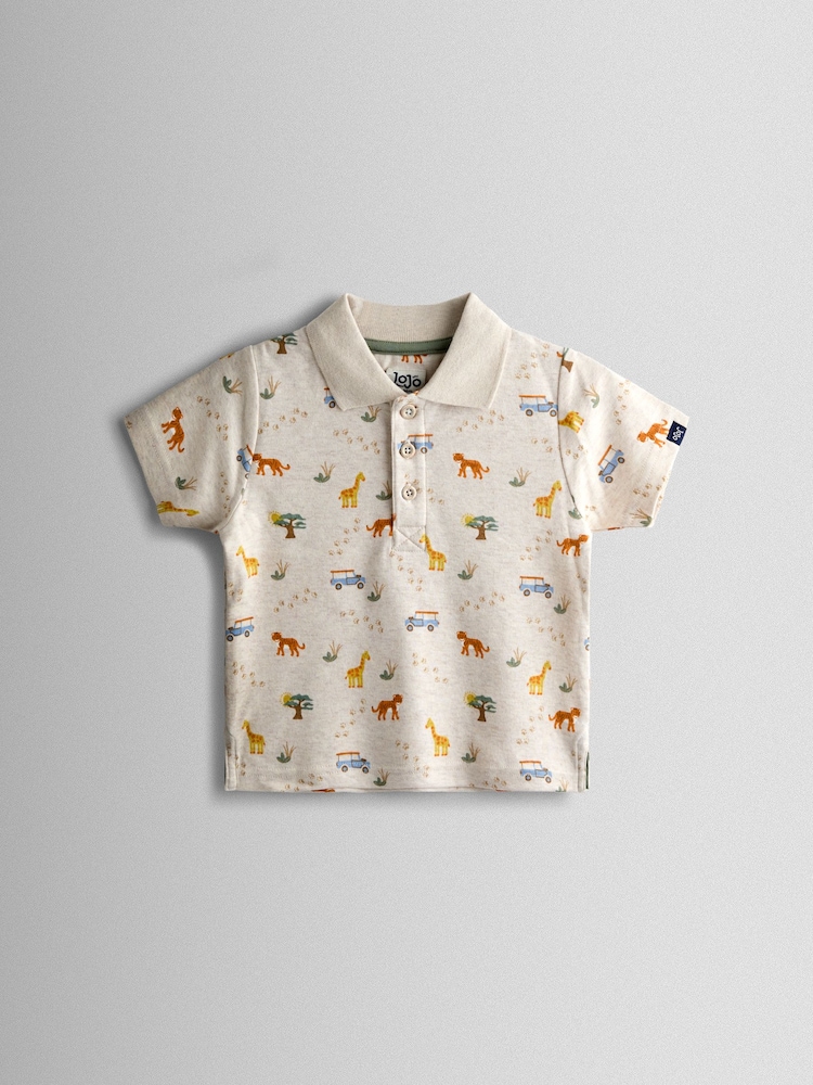 JoJo Maman Bébé Natural Safari Print Polo T-Shirt - Image 1 of 4