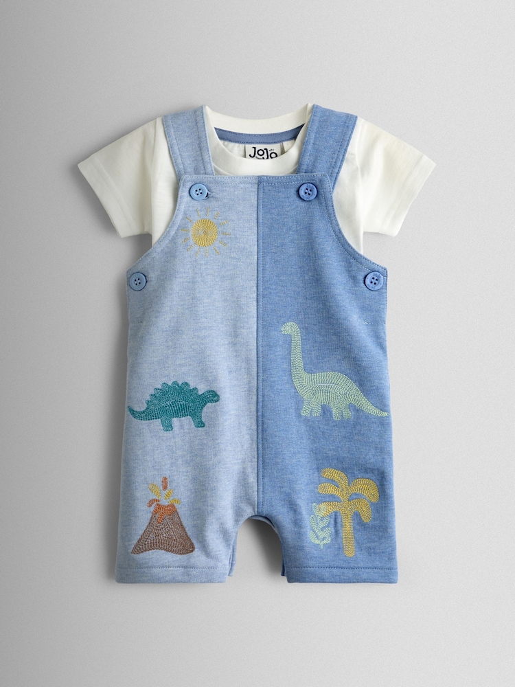 JoJo Maman Bébé Blue Marl Dino 2-Piece Appliqué Dungaree & T-Shirt Set - Image 1 of 6