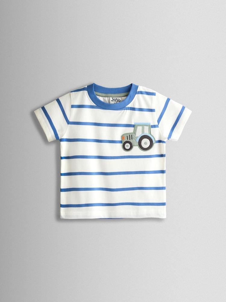 JoJo Maman Bébé White & Blue Tractor Pocket Appliqué T-Shirt - Image 1 of 3