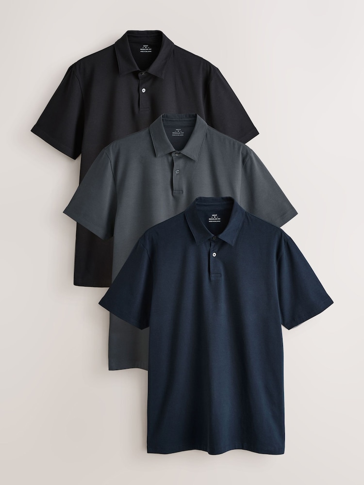 أسود/رمادي/أزرق داكن - سادة - حزمة من 3 قمصان بولو جيرسيه بكم قصير - صورة 1 من 9