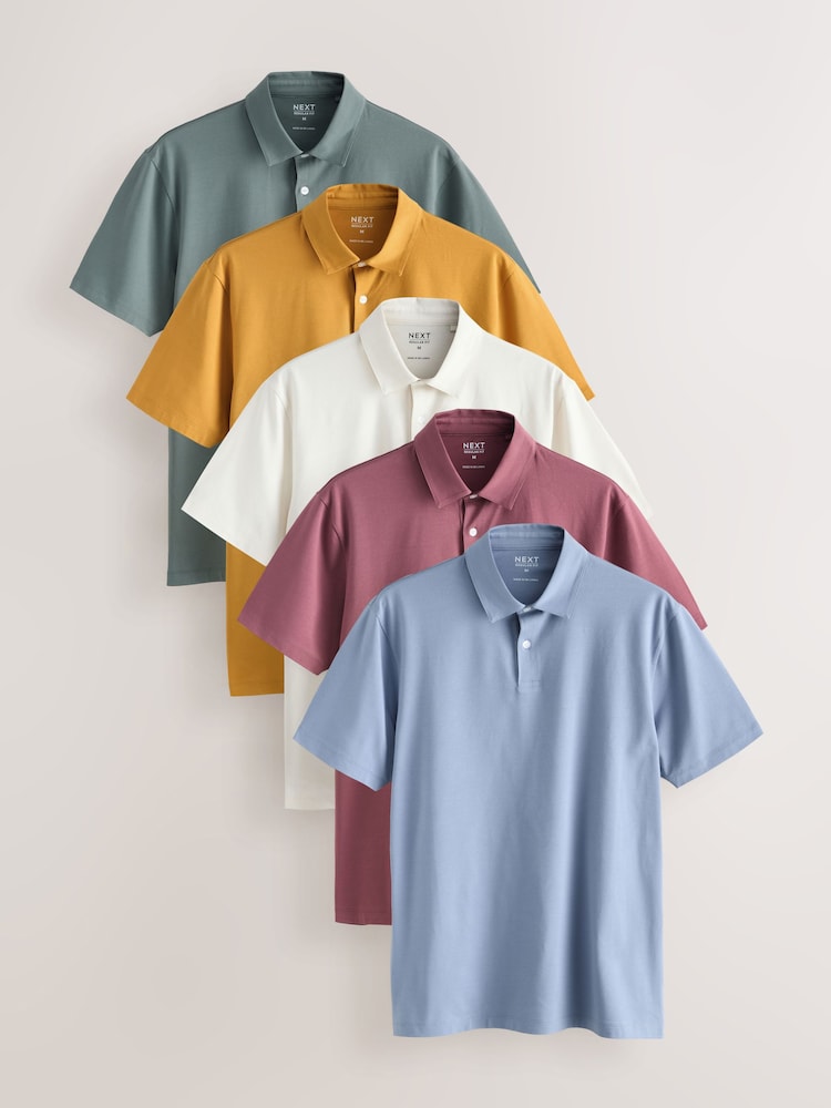 Blue/Yellow/Sage Green/Pink/Ecru Regular Fit Short Sleeve Jersey Polo Shirt 5 Pack - Image 1 of 8