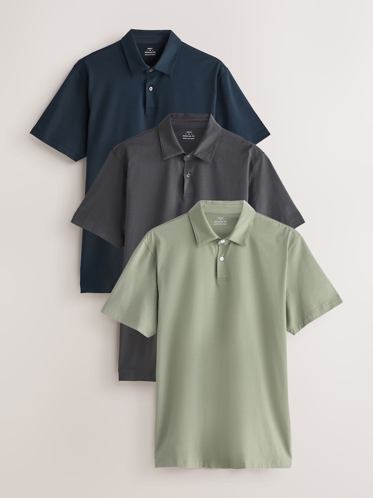 Green/Grey/Navy Plain Short Sleeve Jersey Polo Shirts 3 Pack - Image 1 of 9