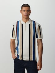 Blue/White Vertical Stripe Quarter Zip Polo Shirt - Image 1 of 4