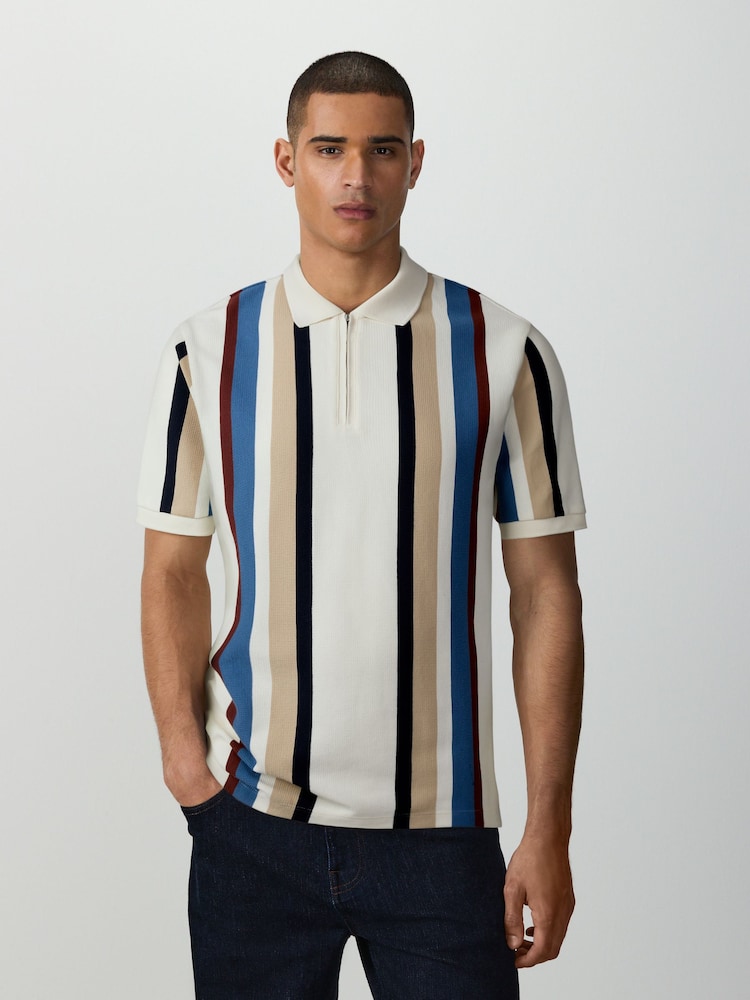 Blue/White Vertical Stripe Quarter Zip Polo Shirt - Image 1 of 4 Blue/White Vertical Stripe Quarter Zip Polo Shirt - Image 1 of 4