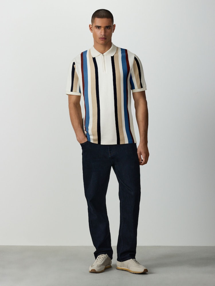 Blue/White Vertical Stripe Quarter Zip Polo Shirt - Image 2 of 4 Blue/White Vertical Stripe Quarter Zip Polo Shirt - Image 2 of 4