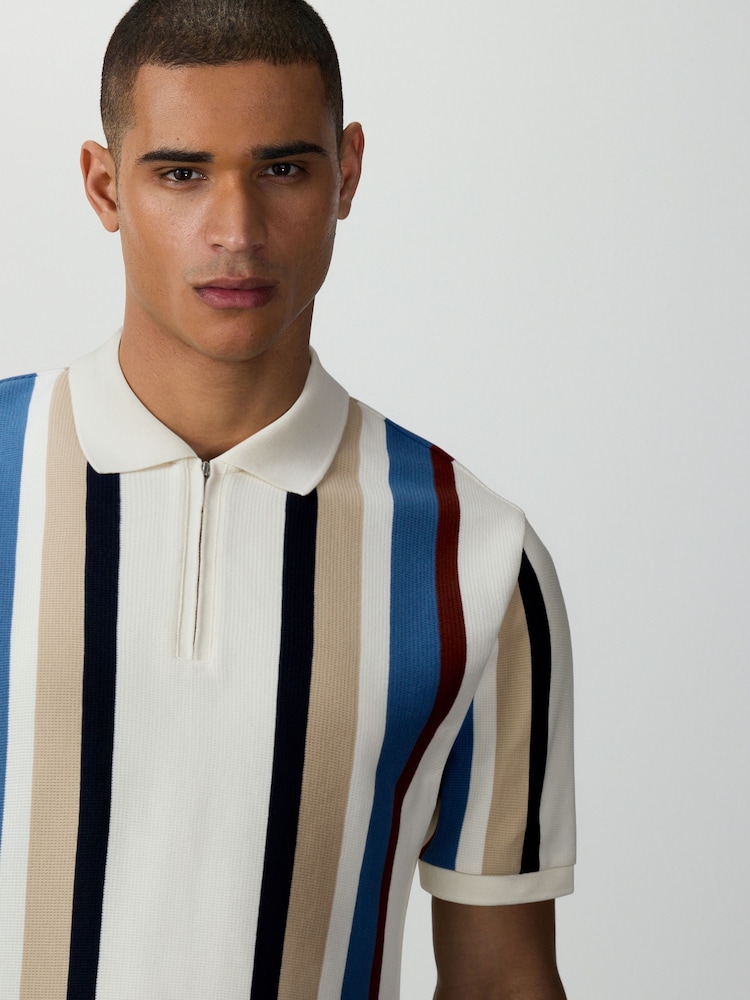 Blue/White Vertical Stripe Quarter Zip Polo Shirt - Image 4 of 4 Blue/White Vertical Stripe Quarter Zip Polo Shirt - Image 4 of 4