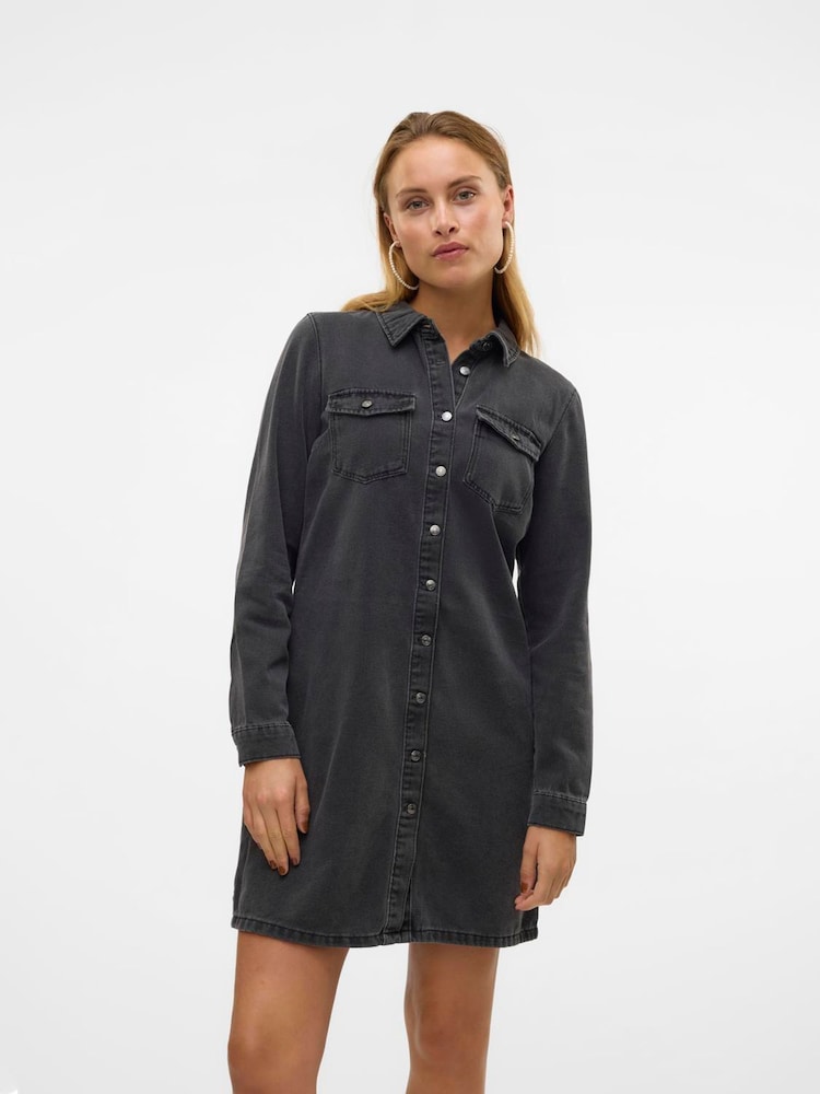 VERO MODA Black Long Sleeve Denim Dress - Image 1 of 4