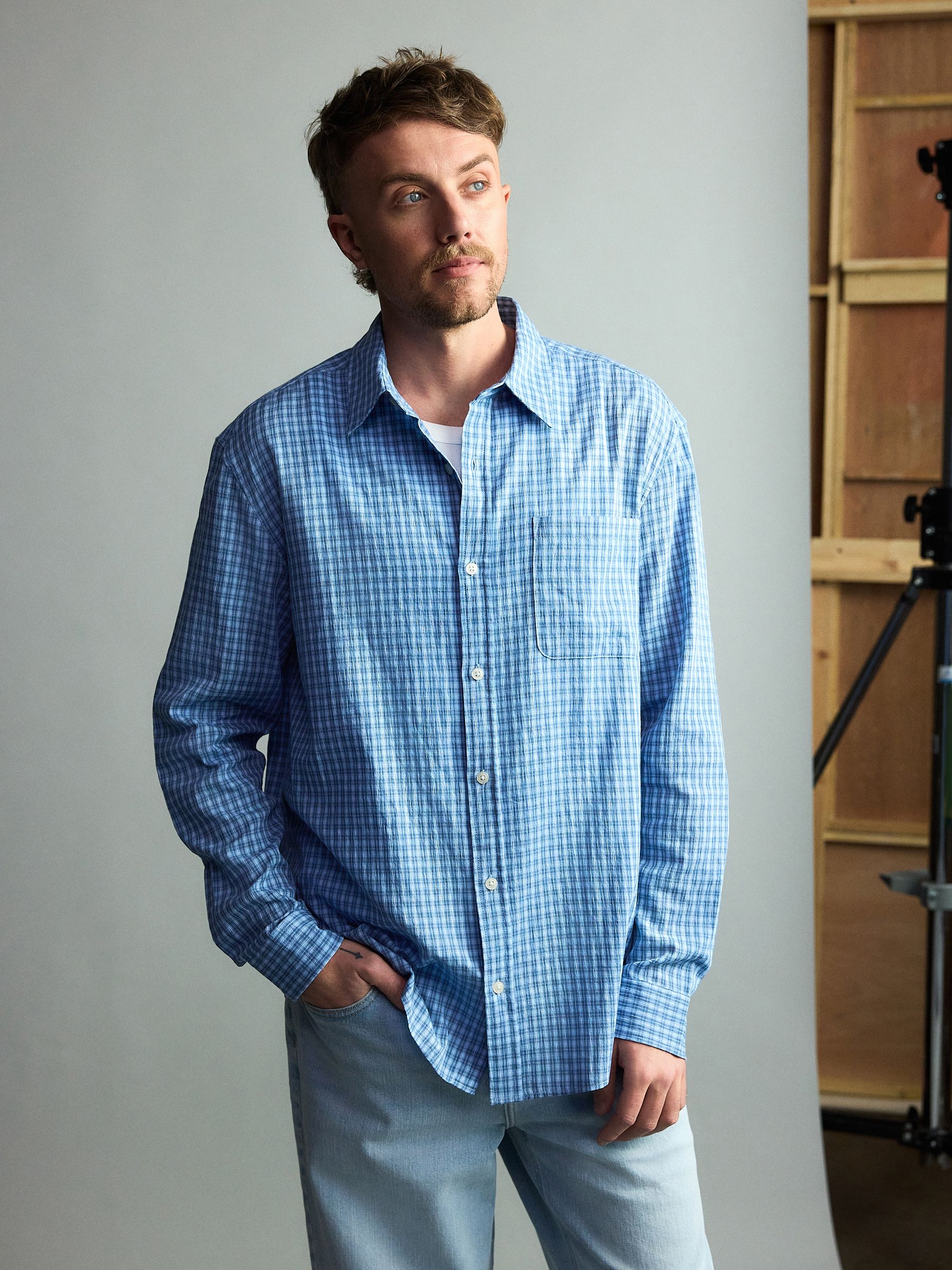 Buy Light Blue Relaxed Fit Micro Check Long Sleeve Shirt from the