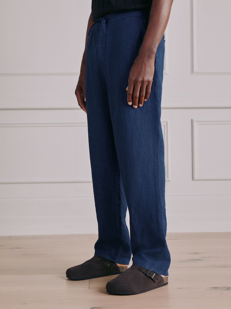Navy Relaxed Fit Signature Linen Trousers With Elasticated Waist - Image 1 of 6