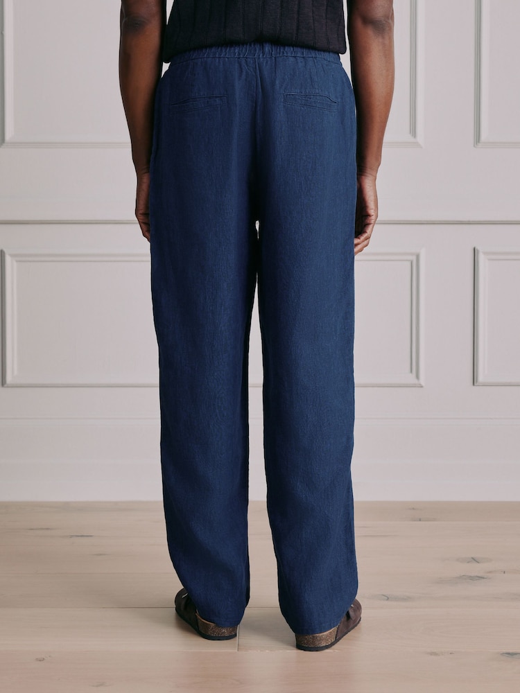 Navy Relaxed Fit Signature Linen Trousers With Elasticated Waist - Image 2 of 6