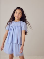 Laura Ashley Blue Broderie Anglaise Frill Top and Shorts Set - Image 3 of 11