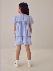Laura Ashley Blue Broderie Anglaise Frill Top and Shorts Set - Image 4 of 11