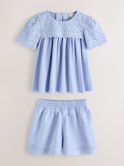 Laura Ashley Blue Broderie Anglaise Frill Top and Shorts Set - Image 8 of 11
