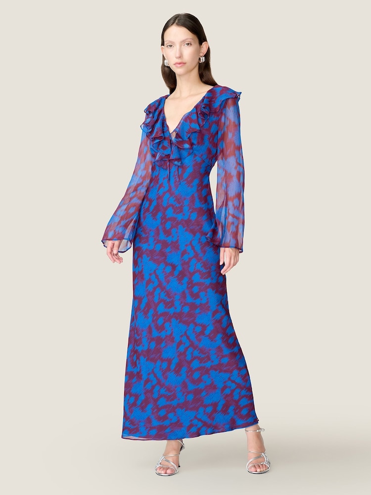 Omnes Blue Yvette Chiffon V-Neck Flared Sleeves Ruffle Detail Dress - Image 1 of 5