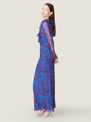 Omnes Blue Yvette Chiffon V-Neck Flared Sleeves Ruffle Detail Dress - Image 2 of 5