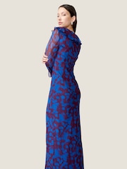 Omnes Blue Yvette Chiffon V-Neck Flared Sleeves Ruffle Detail Dress - Image 3 of 5