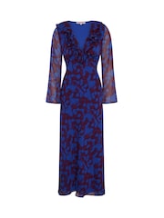 Omnes Blue Yvette Chiffon V-Neck Flared Sleeves Ruffle Detail Dress - Image 5 of 5
