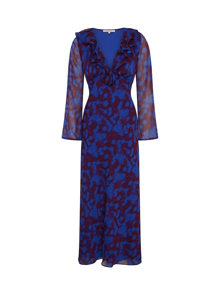 Omnes Blue Yvette Chiffon V-Neck Flared Sleeves Ruffle Detail Dress - Image 5 of 5