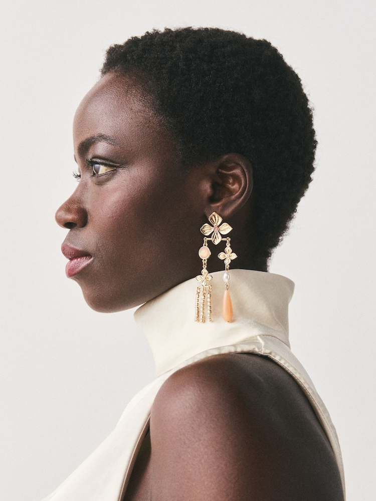 Gold Tone Floral Drop Stud Earrings - Image 2 of 5