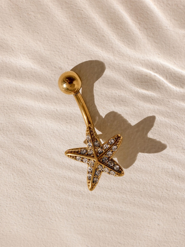 Silver Tone Sparkle Starfish Waterproof Stainless Steel Belly Bar Earrings - Image 1 of 3
