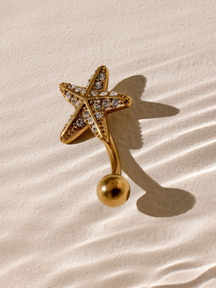Silver Tone Sparkle Starfish Waterproof Stainless Steel Belly Bar Earrings - Image 2 of 3