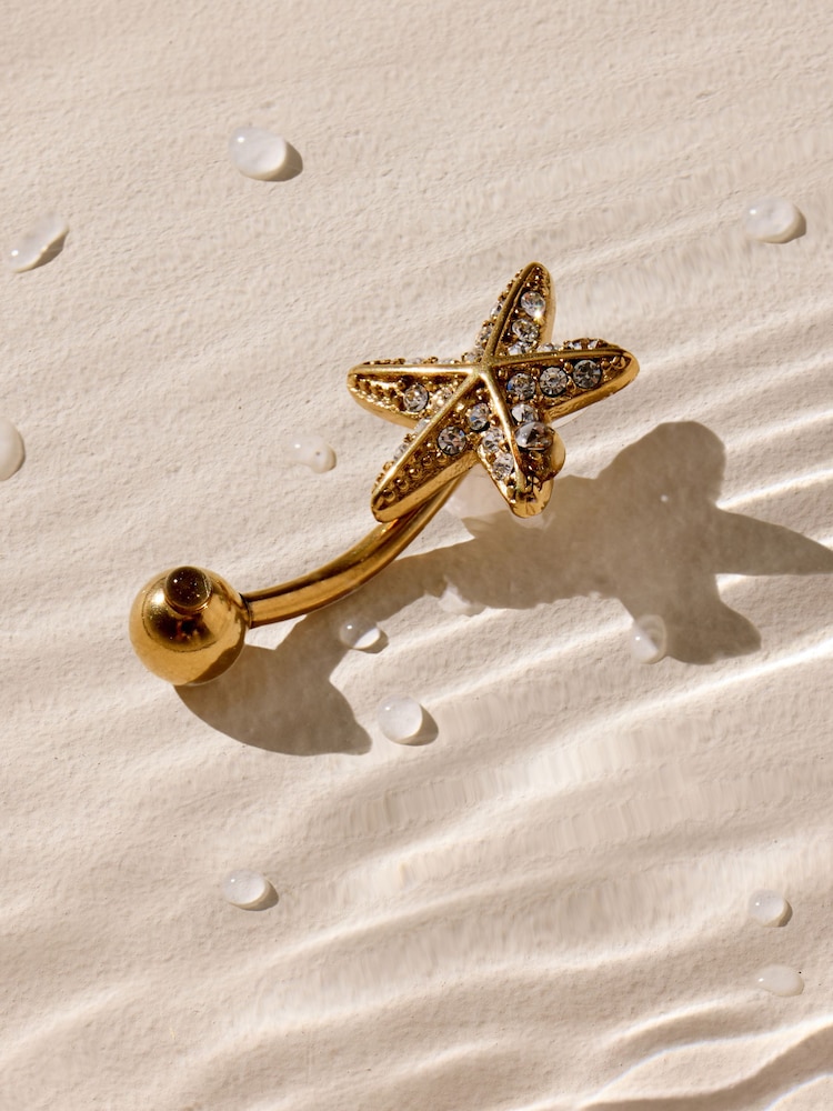 Silver Tone Sparkle Starfish Waterproof Stainless Steel Belly Bar Earrings - Image 3 of 3