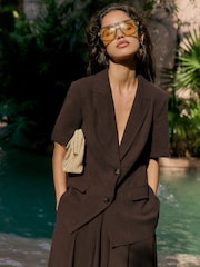 Friends Like These Chocolate Brown Tailored Short Sleeve Blazer with Linen - Image 4 of 4
