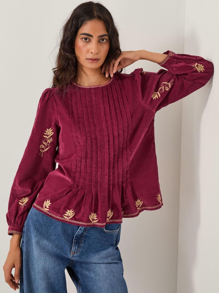 Monsoon Red Mia Embroidered Corduroy Blouse - Image 1 of 4 Monsoon Red Mia Embroidered Corduroy Blouse - Image 1 of 4