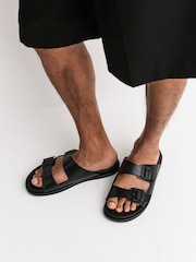 Schwarz - Ledersandalen mit zwei Schnallenriemen - Bild 1 von 8