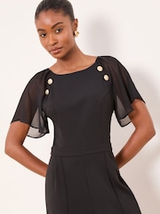 Lipsy Black Petite Chiffon Flutter Sleeve Miltary Button Jumpsuit - Image 2 of 4