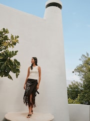 Chocolate Brown Floral Midi Sarong With Fringing - Image 1 of 8