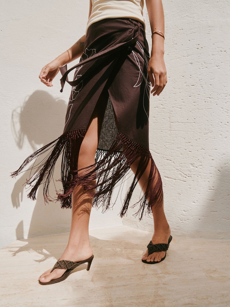 Chocolate Brown Floral Midi Sarong With Fringing - Image 2 of 8