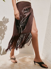 Chocolate Brown Floral Midi Sarong With Fringing - Image 3 of 8