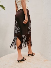 Chocolate Brown Floral Midi Sarong With Fringing - Image 4 of 8