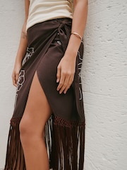 Chocolate Brown Floral Midi Sarong With Fringing - Image 5 of 8