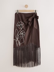 Chocolate Brown Floral Midi Sarong With Fringing - Image 6 of 8