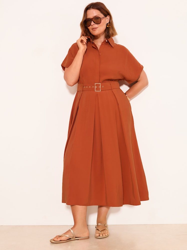 Lipsy Rust Brown Curve Viscose Belted Collar Shirt Midi Dress - Image 1 of 4