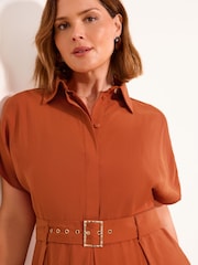 Lipsy Rust Brown Curve Viscose Belted Collar Shirt Midi Dress - Image 2 of 4