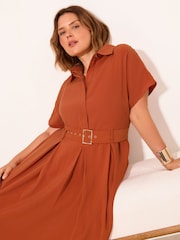 Lipsy Rust Brown Curve Viscose Belted Collar Shirt Midi Dress - Image 3 of 4