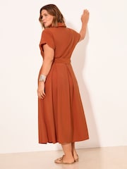 Lipsy Rust Brown Curve Viscose Belted Collar Shirt Midi Dress - Image 4 of 4