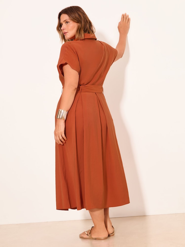 Lipsy Rust Brown Curve Viscose Belted Collar Shirt Midi Dress - Image 4 of 4