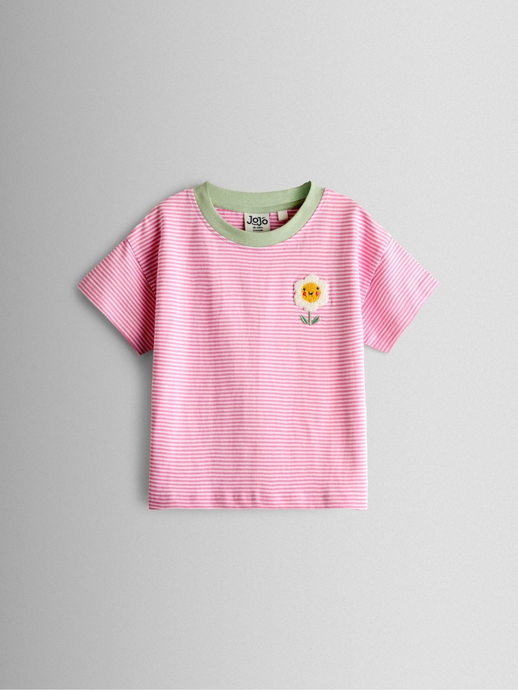 JoJo Maman Bébé Pink Daisy Striped Relaxed T-shirt - Image 1 of 3