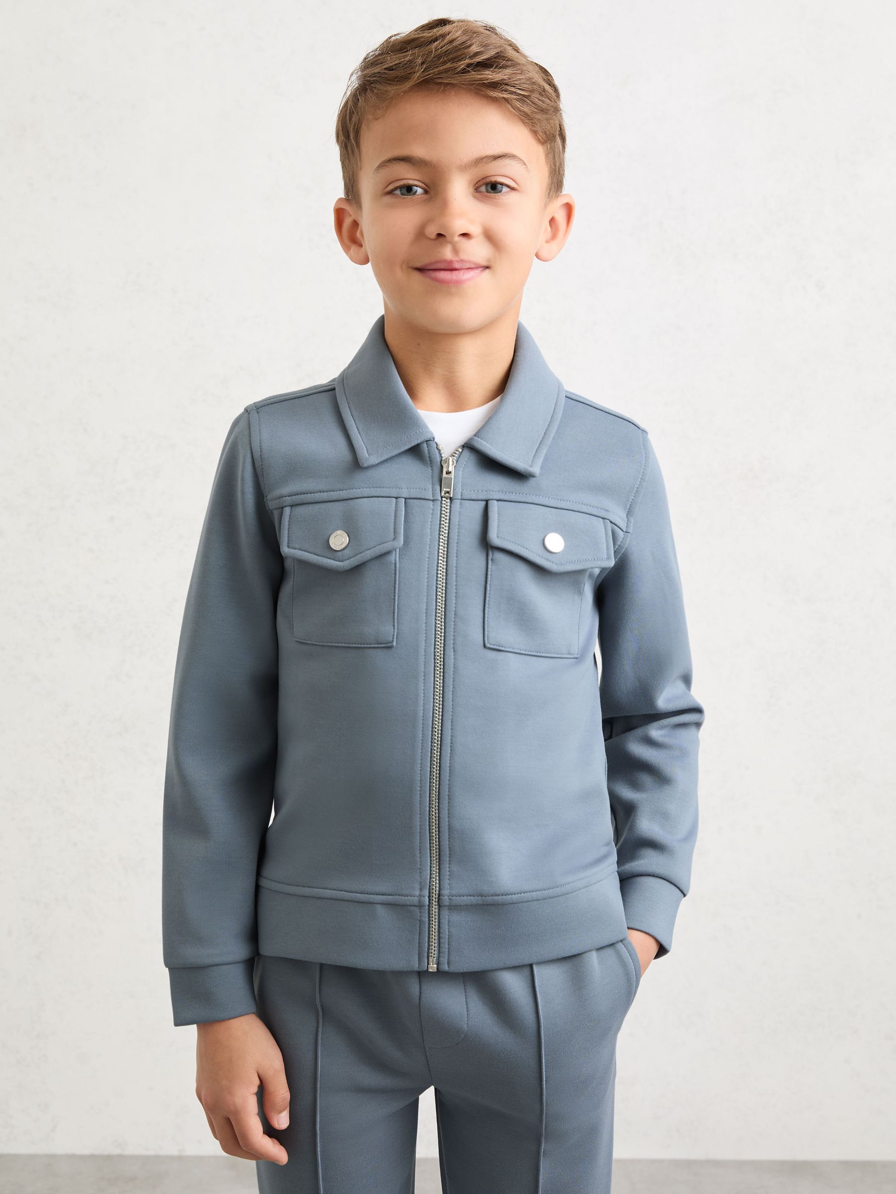 Reiss Kids' Airforce Blue Interlock Zip-through Overshirt
