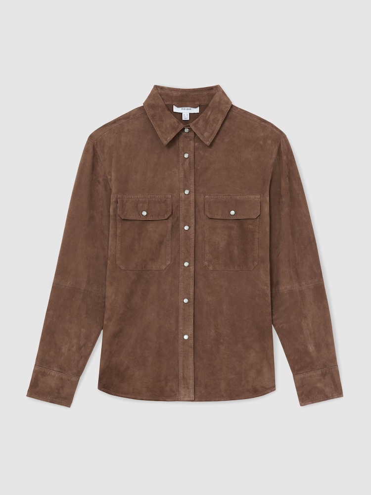Reiss Taupe Brown Pippa Suede Twin-Pocket Press-Stud Shirt - Image 2 of 6 Reiss Taupe Brown Pippa Suede Twin-Pocket Press-Stud Shirt - Image 2 of 6