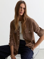 Reiss Taupe Brown Pippa Suede Twin-Pocket Press-Stud Shirt - Image 3 of 6