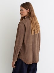 Reiss Taupe Brown Pippa Suede Twin-Pocket Press-Stud Shirt - Image 5 of 6