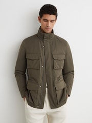 Reiss Khaki Green Oswald Cotton-Blend Padded Four-Pocket Jacket - Image 1 of 6