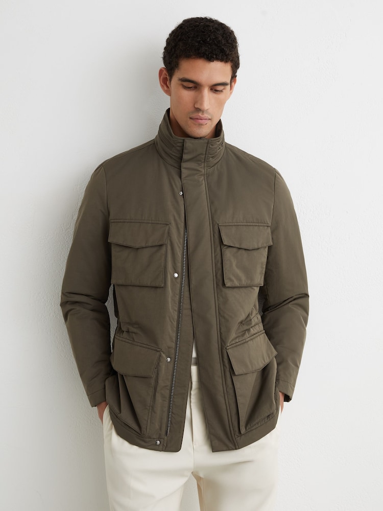 Reiss Khaki Green Oswald Cotton-Blend Padded Four-Pocket Jacket - Image 1 of 6