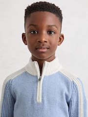 Reiss Mist Blue Carnellis 9-13 yrs Half-Zip Contrast Knitted Jumper with Wool - Image 1 of 4
